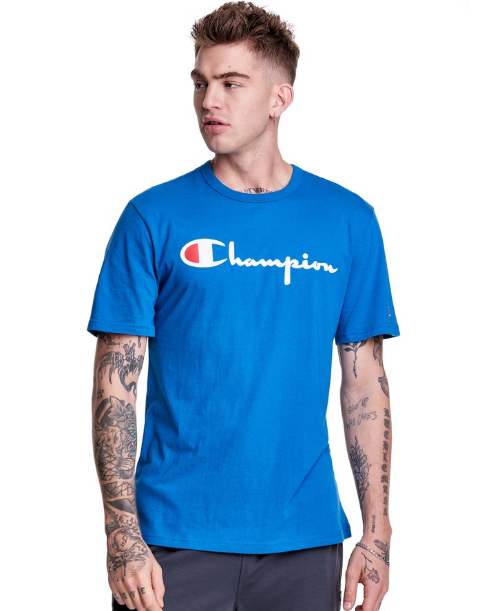 Champion Herre T-Shirts Blå - Lightweight Script Logo - Danmark YDH-736420